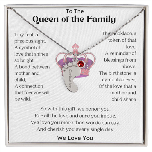 Queen of the Family Customizable Baby Feet Necklace with Birthstone